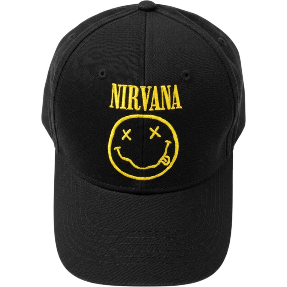 Nirvana Smiley Face Black Snapback Hat Embroidered Grunge Aesthetic Band Cap